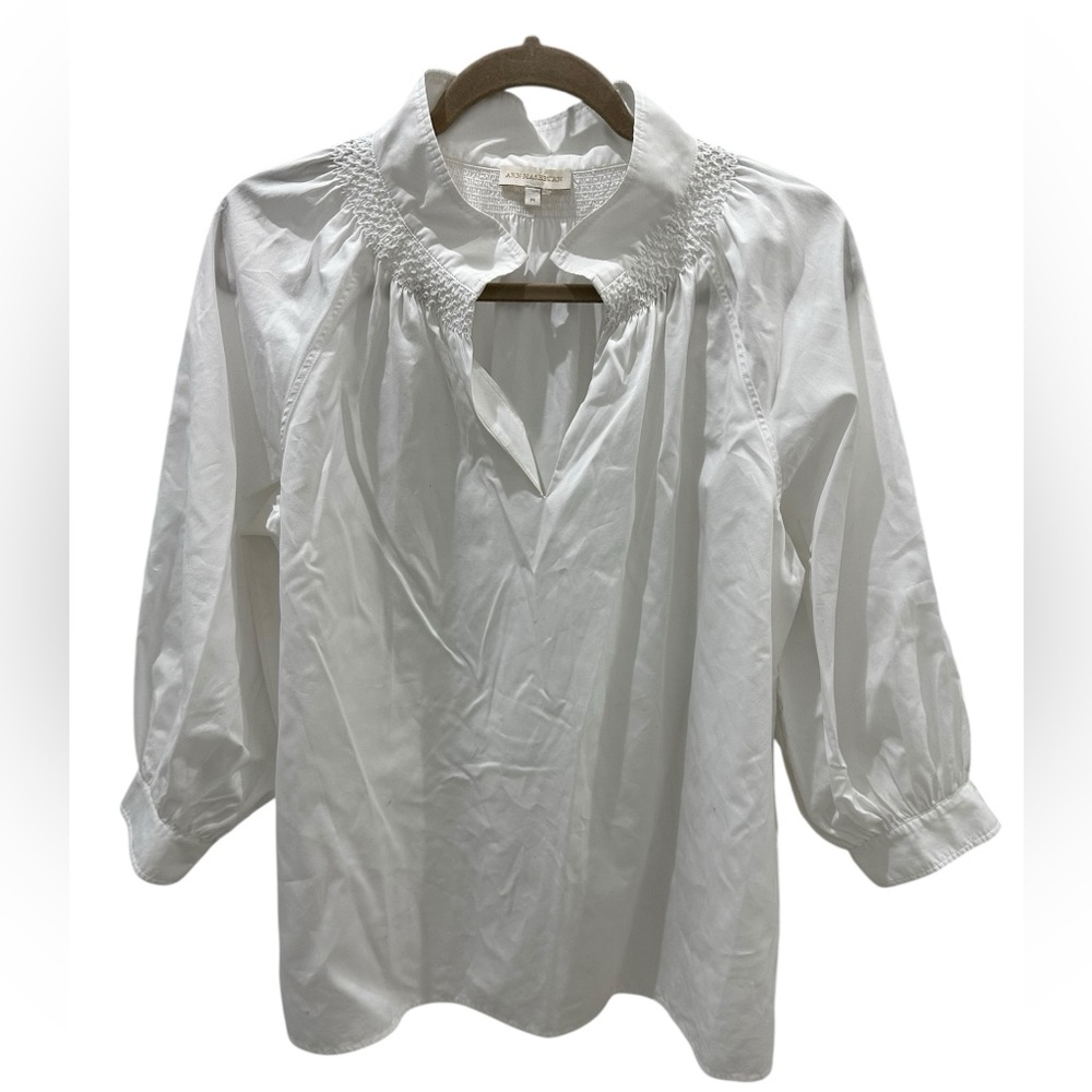ann mashburn white cotton 3/4 sleeve loose fit boxy blouse